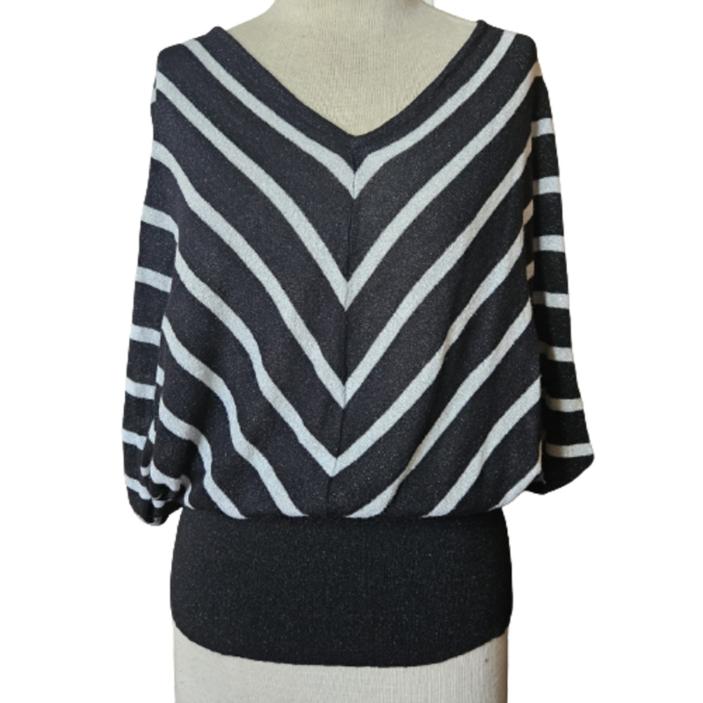 Black and Silver Metallic Striped Sleeve Sweater Size Small